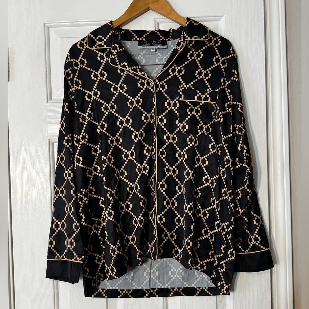 Dalia MacPhee Pajama Set M Black & Gold Geometric Print Satin Lounge Set 0520